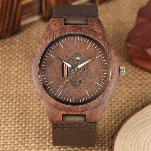 Unique Hollow Coffee Brown Dial Quartz Men Watch Genuine Leather Wristwatch Natural Walnut Wood Watch Case Male Wooden Timepiece