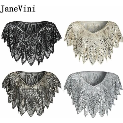 JaneVini High Quality Beading Evening Cape Sparkly Sequins Boleros Bridal Wrap Stoles Tulle Shrug Jackets Wedding Short Top 2019