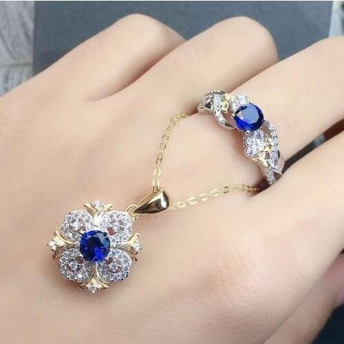 Real Natural Sapphire jewelry set Natural Real Sapphire 925 sterling silver 1pc pendant,1pc ring