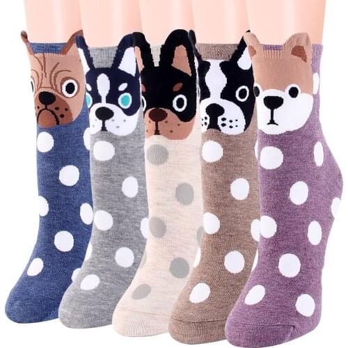 Women Cotton Dot Dog Socks Cute Cartoon Party Home Animal Socks with Ears Middle Tube Girls Ladies Dress Boot Crew Socks Pack