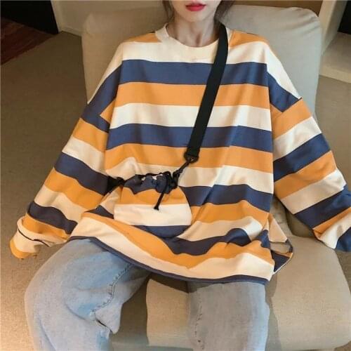 Striped long-sleeved T-shirt for men women 2021 autumn high street Korean loose new Hong Kong style preppy hip hop lovely shirts