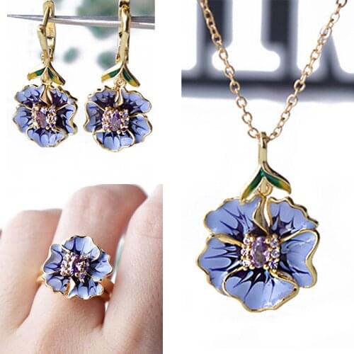 Silver plated Purple Crystal Zircon Set Vintage Enamel Flower Ring & Necklace & Earring Jewelry Epoxy Crafts Fashion Jewelry