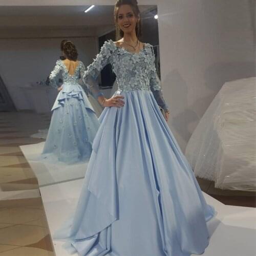Stunning Blue Evening Gowns Vintage Puffy Top 3d Floral Appliques Long Sleeves Prom Dress Low Back robe Arabic Evening Dresses
