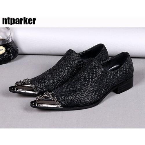 Ntparker Luxury Mens Oxfords Shoes Pointed Metal Toe Black Leather Dress Business Shoes Fashion Designers Men Leather Shoes