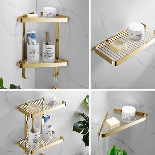 Luxury Golden Bathroom Shelves Organizer Copper Shower Shelf Corner Shampoo Storage Double Layer Rack Holder Home Hardware