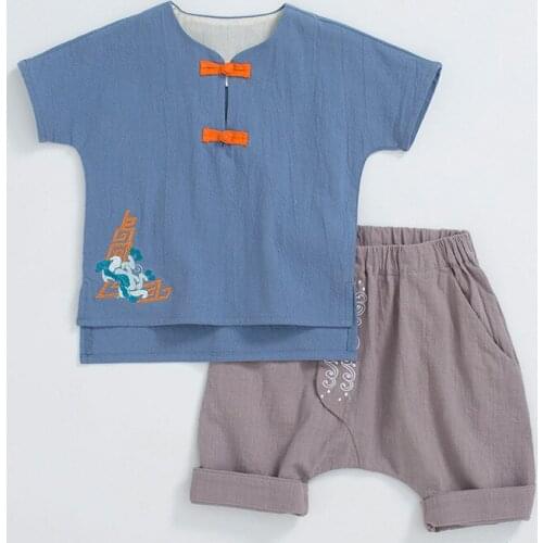 New Toddler Outfits Boy Linen Shirts And Shorts 2- 8 old Children Tracksuit Summer Kids Clothes 9ST033