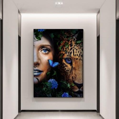 Modern Creative Canvas Painting Beauty Tiger Print Poster Blue Butterfly Prints Wall Art Picture for Living Room Decoration