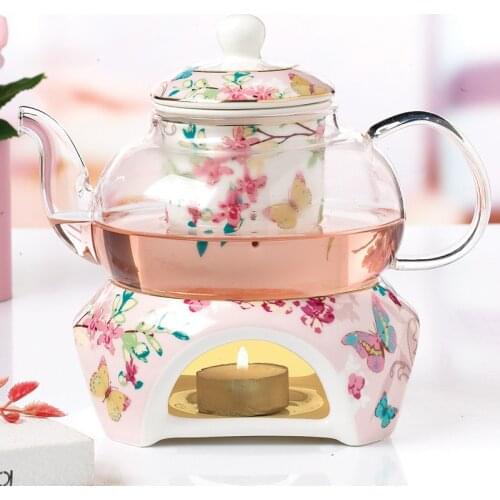 Glass Tea Pot with with Warm Tea Stove Suit Bone China Flower Tea Teapot Heat-resisting Glass Filtering Teaset