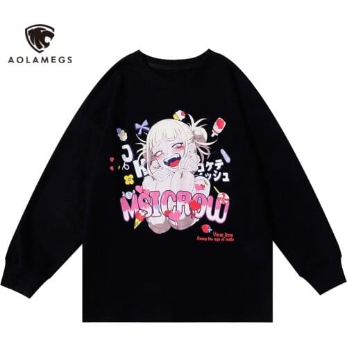 Aolamegs Harajuku Men Cartoon Print Sweatshirt O-Neck Loose Hoodies for Men Autumn 2021 Hip Hop Punk Pullover Streetwear Hoodie