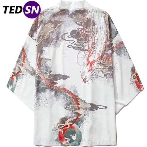 Aelfric Eden Harajuku Japanese Kimono Jacket 2020 Summer Fire Dragon Print Loose Shirt Japan Streetwear Front Open Coat Kimono