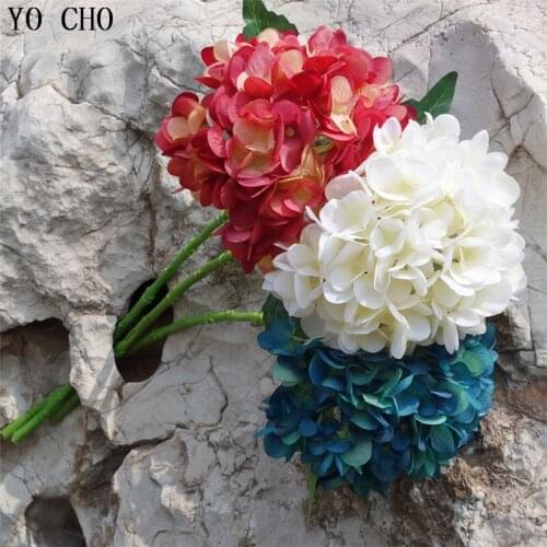 YO CHO Silk Hydrangea Artificial Flowers Branch Wedding Party Table Decoration Blue Fake Hydrangeas Room Table DIY Decor Flowers