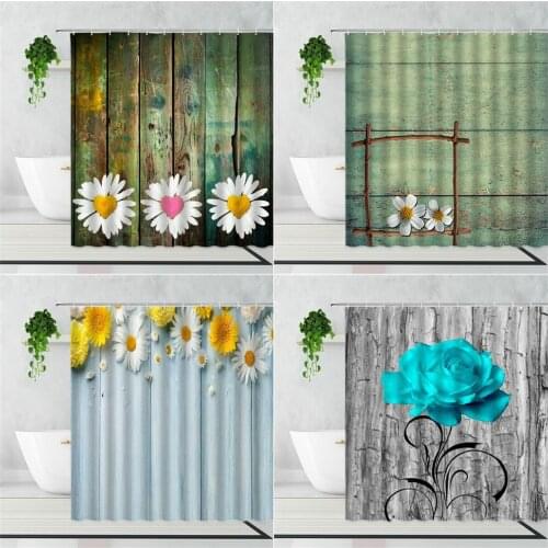 Retro Wood Grain Flowers Shower Curtain Blue Rose Small Daisy Home Decoration Background Waterproof Bath Screen Garden Curtains
