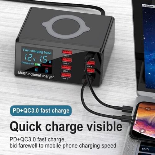 Fast Charging Charger 6 Usb Ports 1 Qc +1 Type-C Port100w Hub Wireless Charger 18WPD Fast Charging For Iphone 11 Samsung