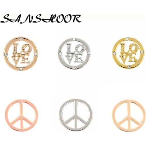 SANSHOOR Peace Keeper Round Love Slide Charms Fit Key Chains Leather Wrap Stainless Steel Mesh Bracelets For Women As Gifts 6pcs