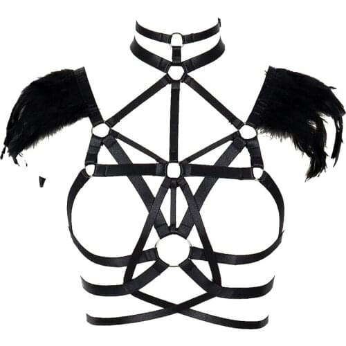 Feather Harness Epaulette Caged Bra Chest Bondage Angel Wing Adjust Tops Hollow Out Goth Punk Halloween Festival Rave Lingerie