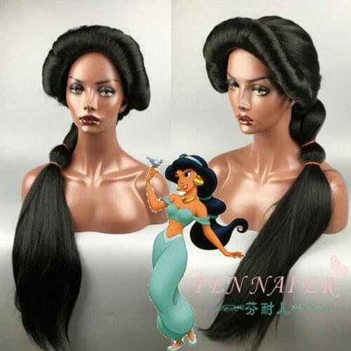Women Aladdin and the magic lamp Princess Jasmine Black Long cosplay costume wig + wig cap