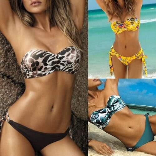 Women Sexy Push Up Printed Bikini 2 Pieces Set Female Strapless Bra Thong Swimsuit Bathing Suit Beachwear