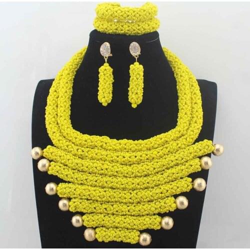 2019 Handmade Sets African Wedding Bridal Vintage Yellow Crystal Nigerian Women Beads Necklace Jewelry Set Free Shipping W14034