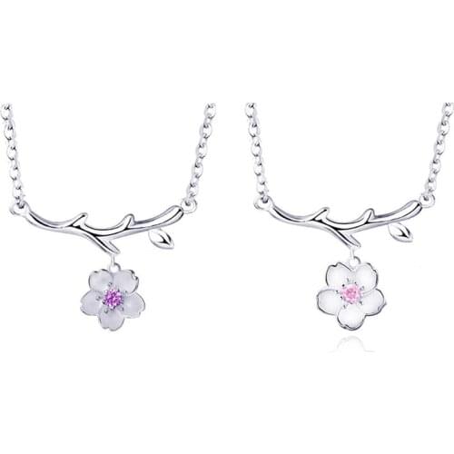 925 Sterling Silver Elegant Blossom Cherry Pendant Necklace Connected With Pink Purple Zircon Plant Jewelry For Women S-N38