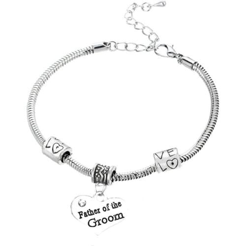 12PC Father Of The Groom Clear Crystal Heart Charm Bracelets Love Bead Chain Bangles Dad Daddy Fathers Wedding Men Jewelry Gifts