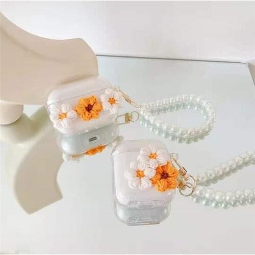 3D Flower Pearl Bracelet Keychain Clear Earphone Case For AirPods 1 2 Pro Cover Soft TPU Bluetooth Charging Box Accessories