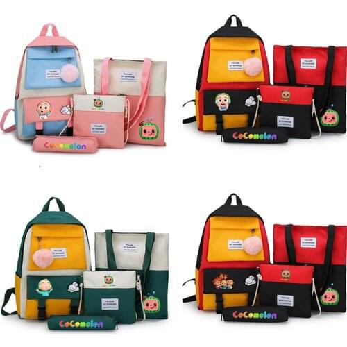 4pcs/set CoCoMelon JJ School Bag Simple Cartoon Printing Pencil Case Shoulder Bag Crossbody School Bag Set Student Stationery