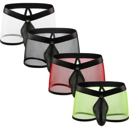 4PCS/Lots Men Boxer Shorts Crotchless PU Leather Penis Pouch Underwear Mesh Transparent Boxershorts Sexi Open Butt Gay Panties
