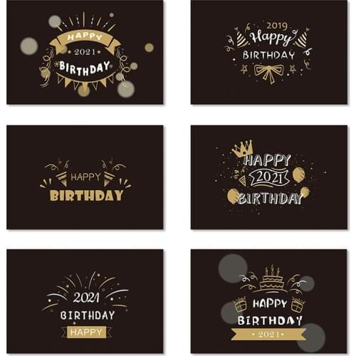 6pcs 3D Black Gold Series Happy Birthday Greeting Card Creative Holiday Blessing Card Envelope Sticker Set 6x8 Cards