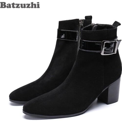 Batzuzhi Korean Type Men Boots Pointed Toe Black Suede Ankle Boots Men Knight Party Boots for Men Bota Masculina, Big US6-12