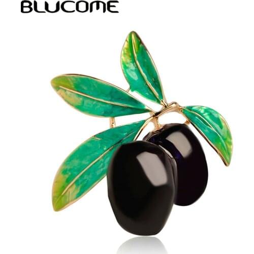 Blucome Green Fruit Olive Brooch Plum Shape Gold Color Enamel Corsages Pins Suit Coat Scarf Accessories Christmas Jewelry Gifts