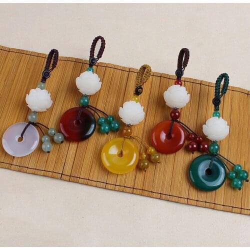 Natural Agates Stone Round Pendant Handmade Carved Lotus Keychains Key Ring Key Holder for Women Car Bags Accessories