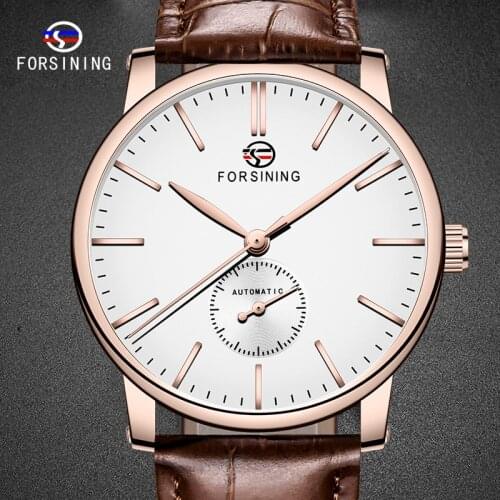 2020 New FORSINING Top Brand Male Watch Brown White Mens Clock Leather Strap Simple Style Business Men Wristwatches