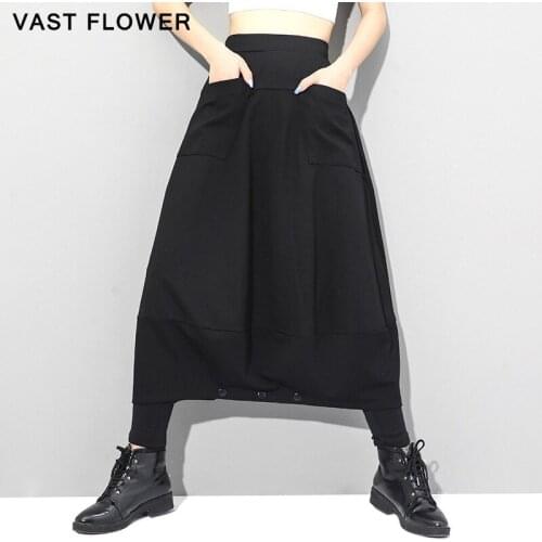 Black Cross Pants Women Elastic Waist Casual Loose Pocket Button 2020 New Autumn Winter Vintage Trousers Fashion Streetwear