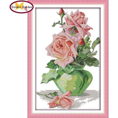 GG Rose and Vase Stamped Cross Stitch Kits 11CT14CT DIY Kit Needlework Embroidery Chinese Print Cross Stitch Set for Home Decor