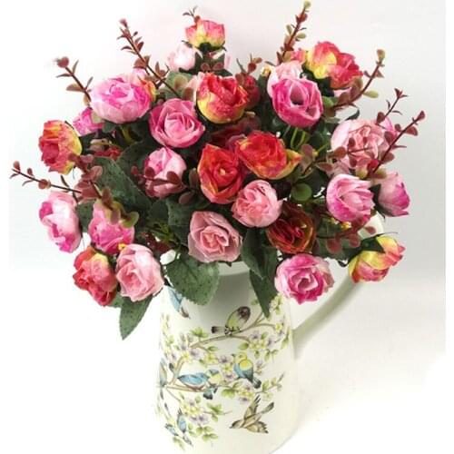 Artificial Rose Flower Leaf 21 Head Silk Small Rose Wedding Fake Flowers Festival Floral Props Office House Party Decoration