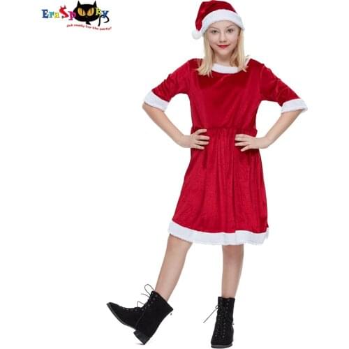 Eraspooky Red Velvet Santa Claus Costume For Girls Kids Christmas Dress Hat Set Children Carnival Party Fancy Dress