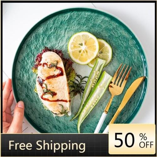 Kitchen Flat Dinner Plates Microwave Green Pizza Pasta Plate Baking Dish Nordic Breakfast Set Pratos De Jantar Round Tray HX50DP