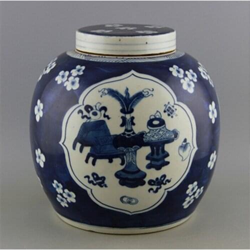 Late Qing Hand-Painted Blue And White Winter Plum And Eight-Treasure Pattern Lid Tea Caddy