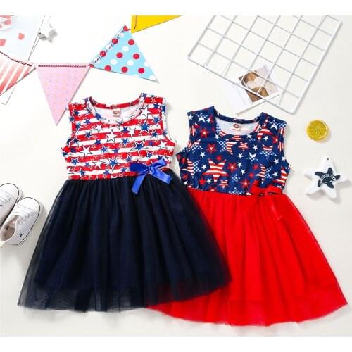 Summer Kids Girl Bowknot Mesh Dress Star Stripe Print Round Collar Sleeveless Independence Day Sundress 18 Months-5 Years