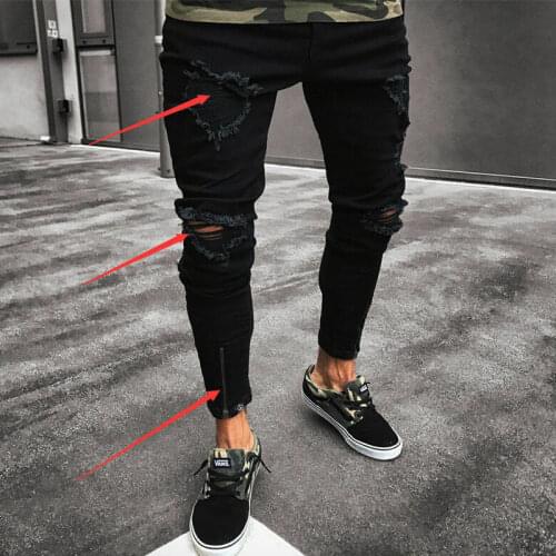 Men Ripped Jeans Super Skinny Slim Fit Denim Pants Destroyed Frayed Trousers