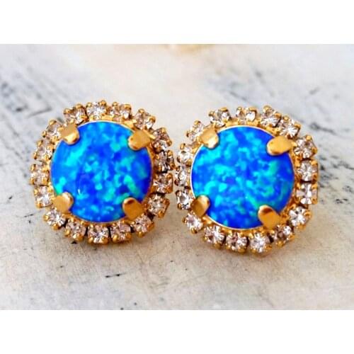 Charm Fashion Gold Color Earrings Female Luxury Blue Opal Stone Stud Earrings Cute Round White Zircon Wedding Earrings For Women