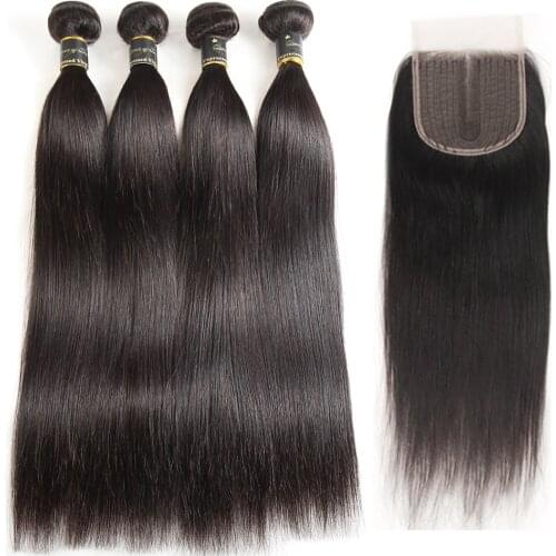 Peruvian Straight Hair Bundles With Closure Natural Color Human Hair Extension 3 4 Bundles With Middle Part 4*4 Lace Closure