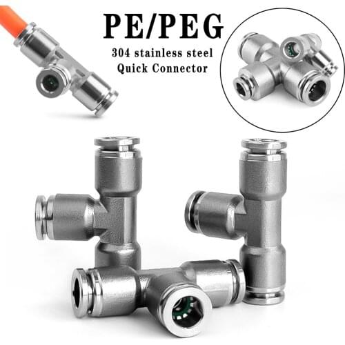 PE PEG pneumatic connector 304 stainless steel metal connector 4 6 8 10 12 14mm trachea quick connect tee hose metal connector