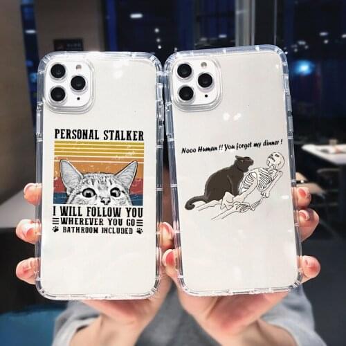 Cartoon Cat Clear Phone Case For iPhone 11 12 Pro XS Max X XR 8 7 SE20 6Plus Funny Skull Pet Shockproof Soft Silicon Cover Coque