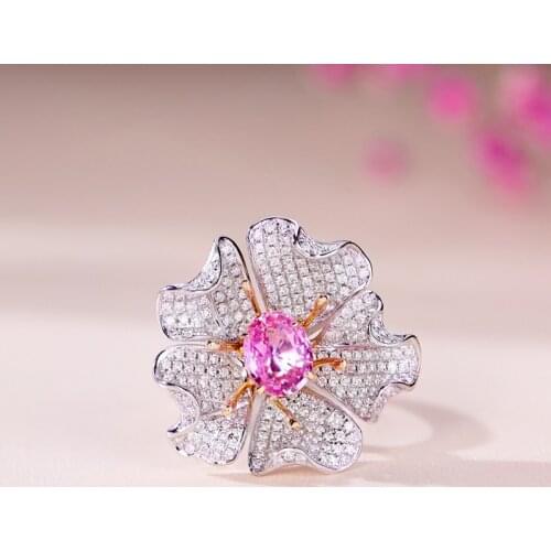 Romantic Flower Rings Inlay Oval Pink Cubic Zircon Europe America Luxury Silver Jewelry For Women Wedding Engagement Charm Ring