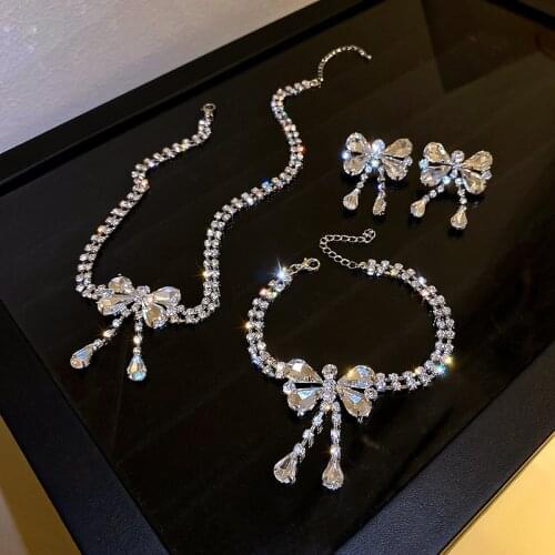 Luxury Crystal Butterfly Shining Rhinestone Jewelry Set for Women Necklace & Bracelet & Earrings Geometric Temperament Jewelry