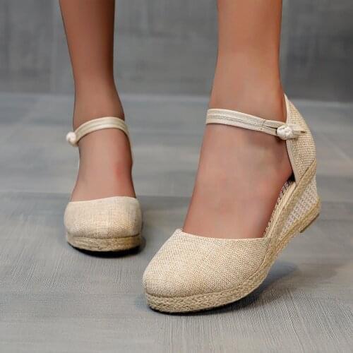 TELOTUNY Sandals Ladies Straw Hemp Rope Sandals Retro Linen Canvas Wedge Round Toe Casual Singles Shoe Elegant Closed Toe Sandal