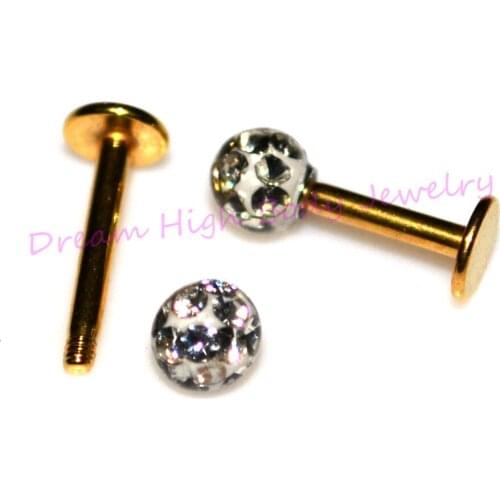 New Crystal Lip Stud Clear Gem Labret Ring Earring 16G Bar Fashion Body Piercing Jewelry Gold Vacuum Plating Titanium 316L Ear