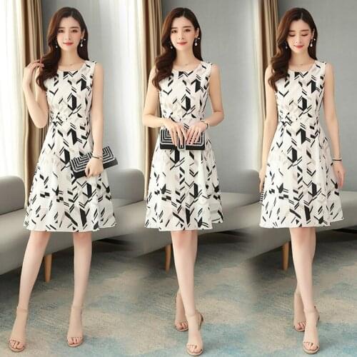 Chiffon dress summer short fashion trend temperament was thin O- Neck printed sleeveless simple atmospheric white Vestidos D294