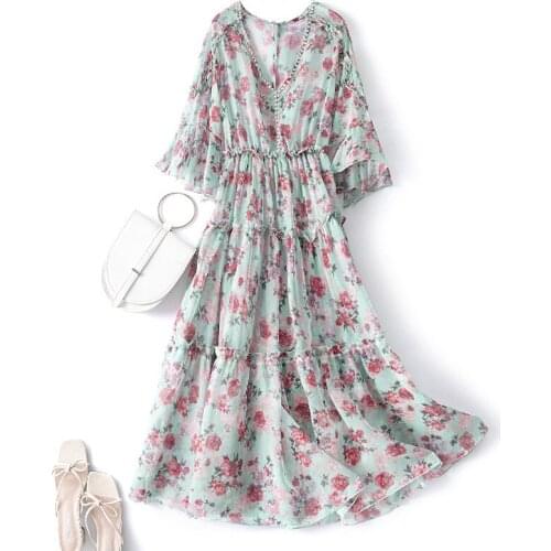 Chiffon Floral Dress Summer Dress Autumn Bodycon Dress Maxi Dresses for Women 2021 Pink Green Long Plus Size Party Clothing